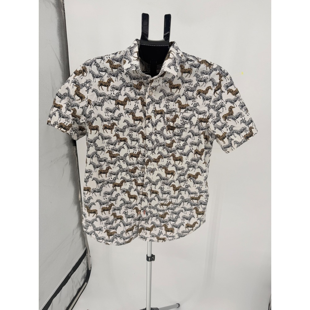 Original Penguin Button Down Shirt Mens M White Zebra Print Excellent Slim Fit